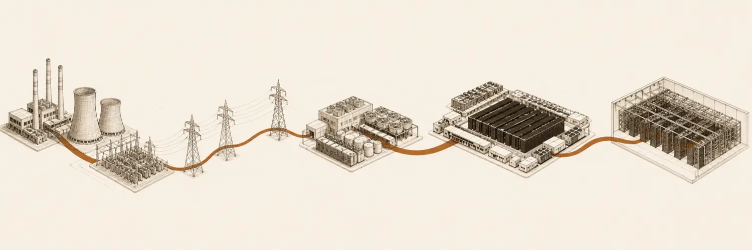 Ink-drawn panorama: generation, transmission, substation, cooling and power block, data-center campus, and compute racks joined by one copper line.