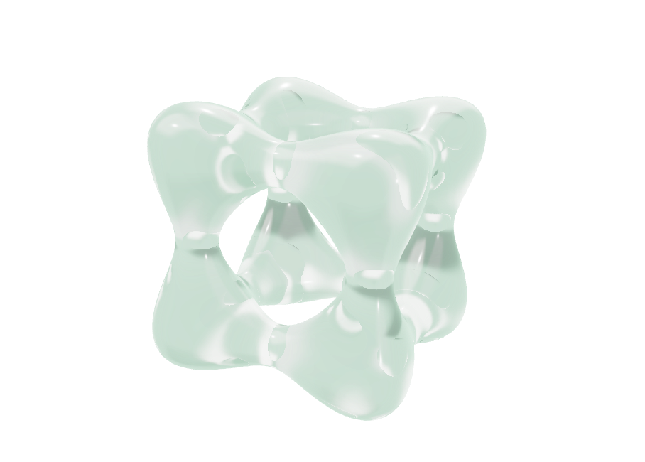 A floating, translucent Goursat sculpture with pale crystal reflections and faint green edges.