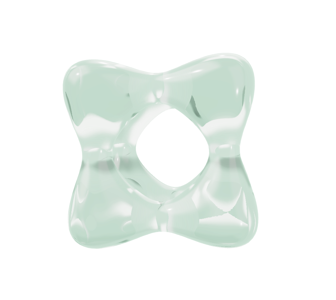 A floating, translucent Goursat sculpture with pale crystal reflections and faint green edges.
