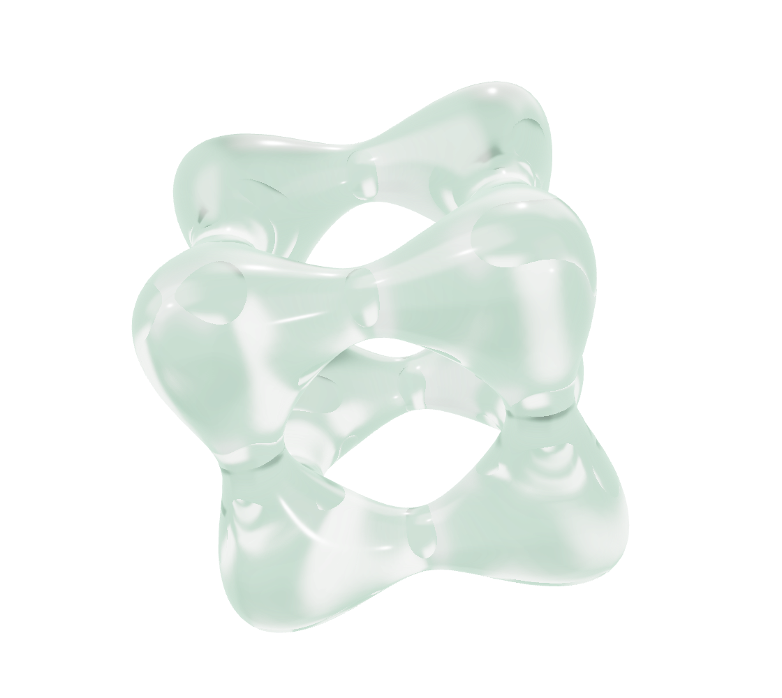A floating, translucent Goursat sculpture with pale crystal reflections and faint green edges.