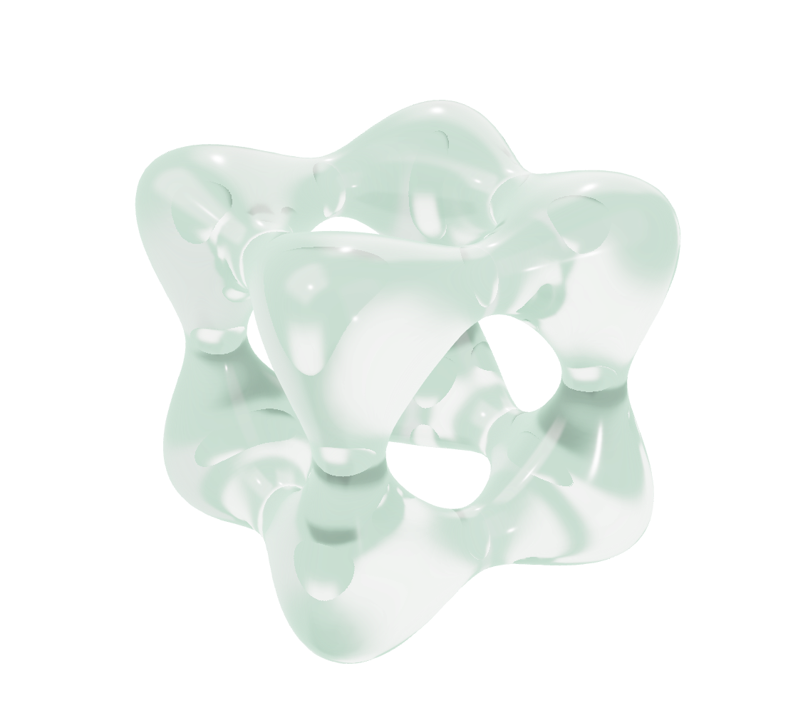 A floating, translucent Goursat sculpture with pale crystal reflections and faint green edges.