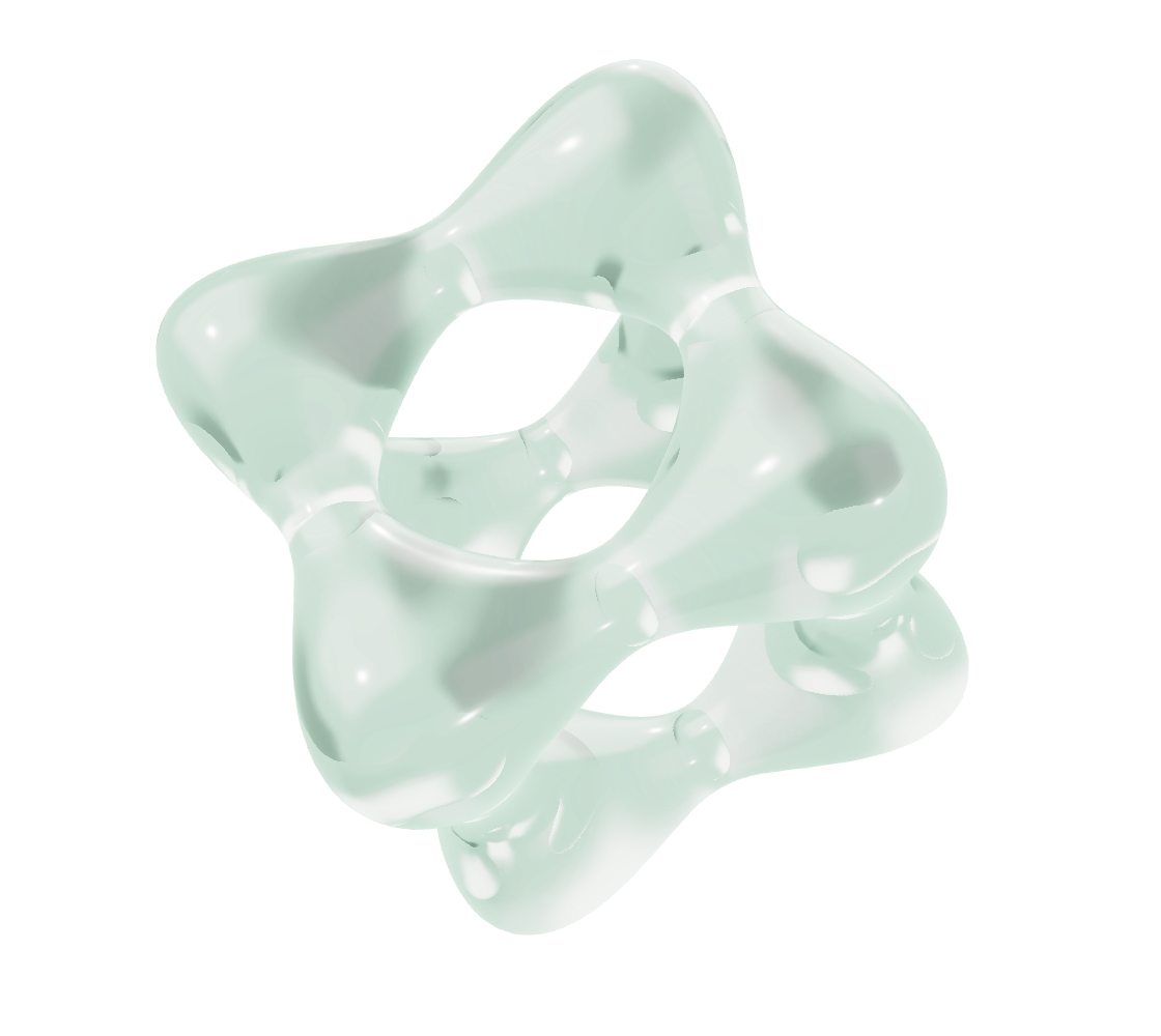 A floating, translucent Goursat sculpture with pale crystal reflections and faint green edges.