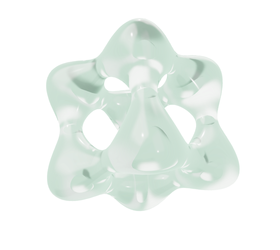 A floating, translucent Goursat sculpture with pale crystal reflections and faint green edges.